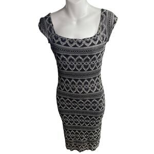 Vintage Hugo Buscati Black Beige  Heart Patterned Knit Bodycon Dress Size Medium